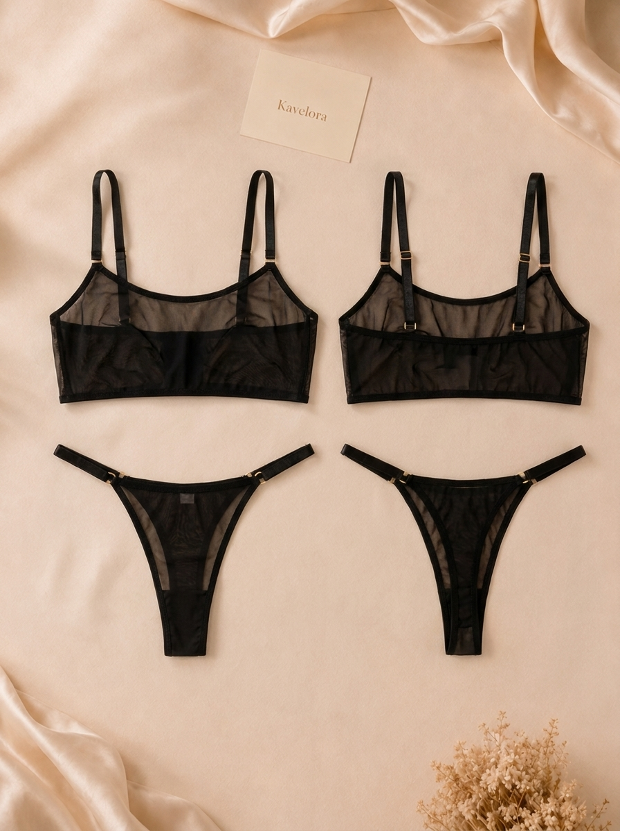 Siyah Transparan Tül Bralet Tanga İç Giyim Takımı